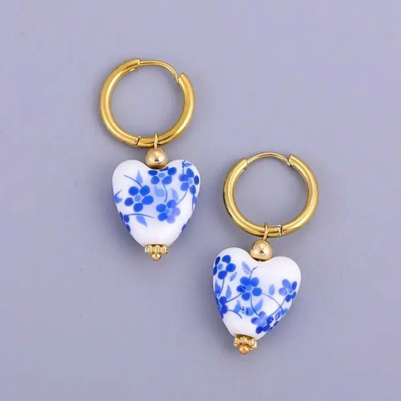 Porcelain Portofino Heart Stainless Steel Pearl Earrings - Picture 1 of 10